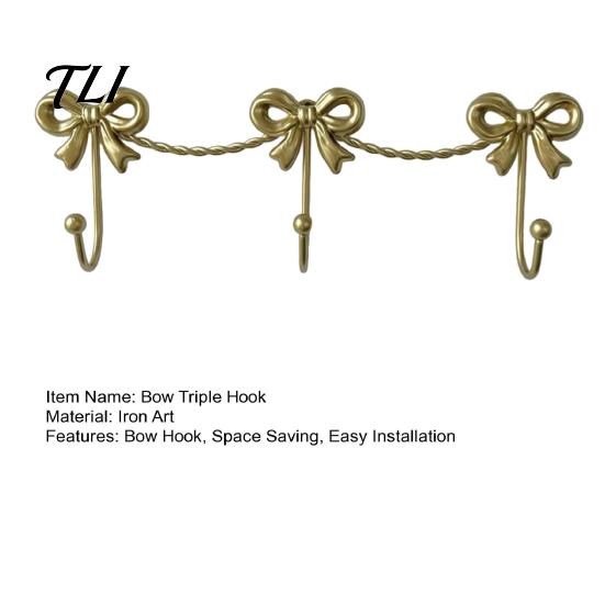 Metal Three Link Hook Iron Art Bow Triple Hook, Wall Mounted Decorative Hanger, French Gold Towel Rack Style Organizer for Entryway Bathroom