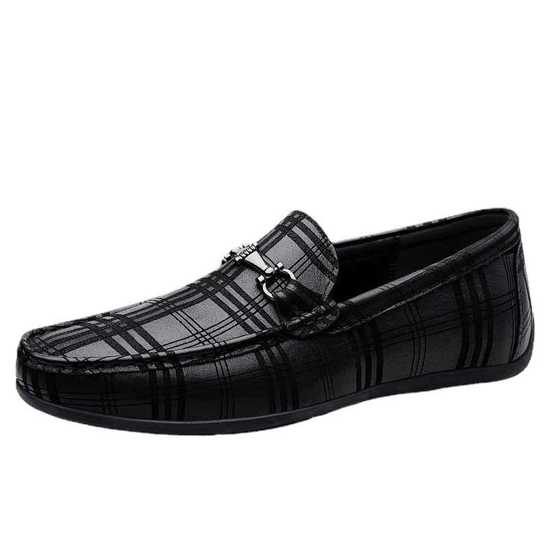 Men's Shoes Doudou Shoes Driving Shoes Spring and Summer Low-top Foot Plaid Leather First Layer Cowhide Surface Flat-soled Casual Shoes Leather Shoes