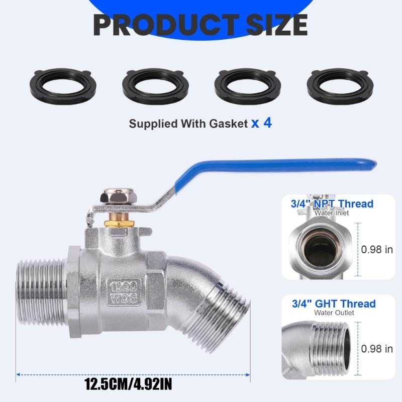 Quarter Turn Garden Hose Water Shut Off 304 Metal with 3/4 Inch Ends, Washers and Seal Tape for Outdoor Faucet Control and Irrigation Tasks