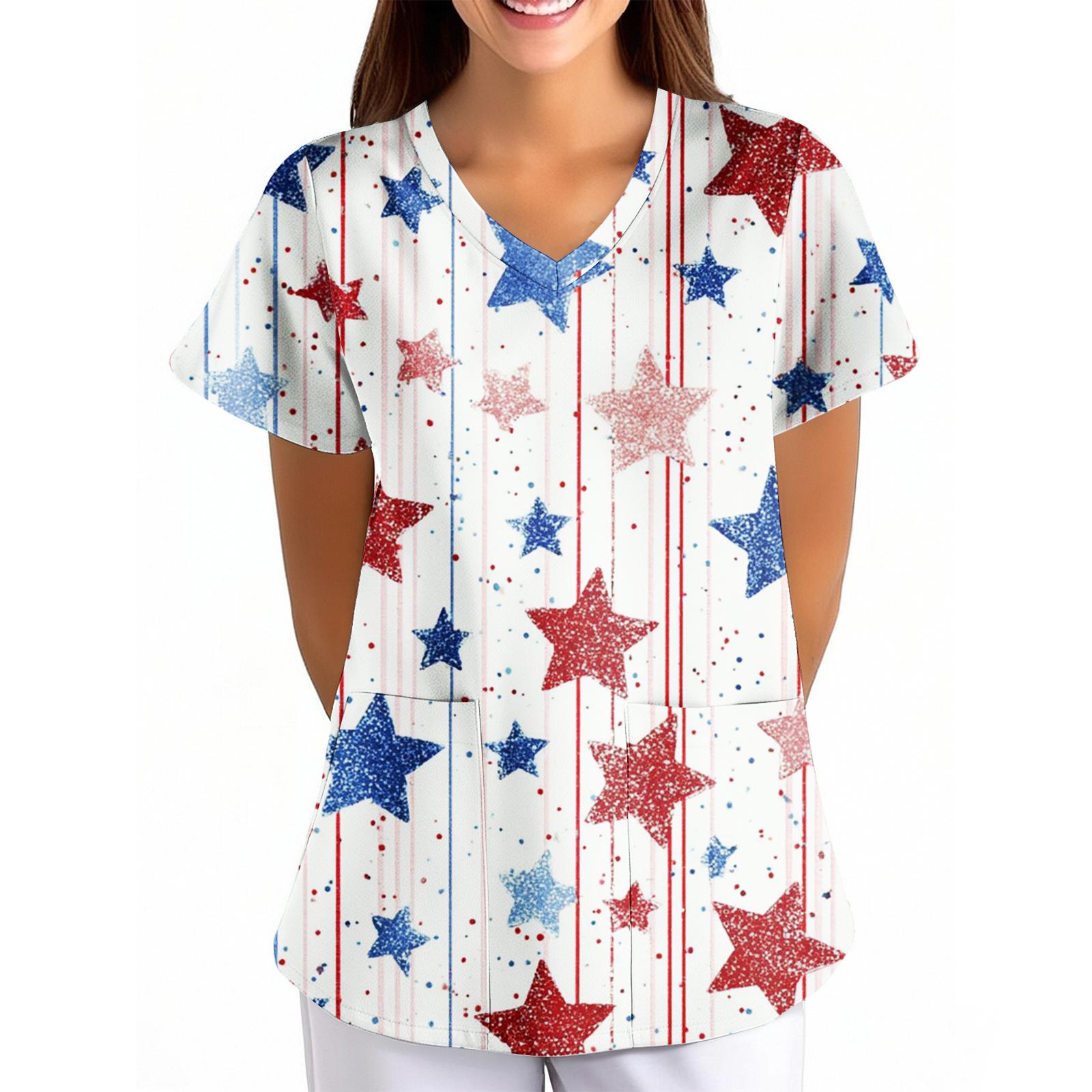Women s Independence Day Printed Loose V-Neck Pocket Short-Sleeved Clothing XL