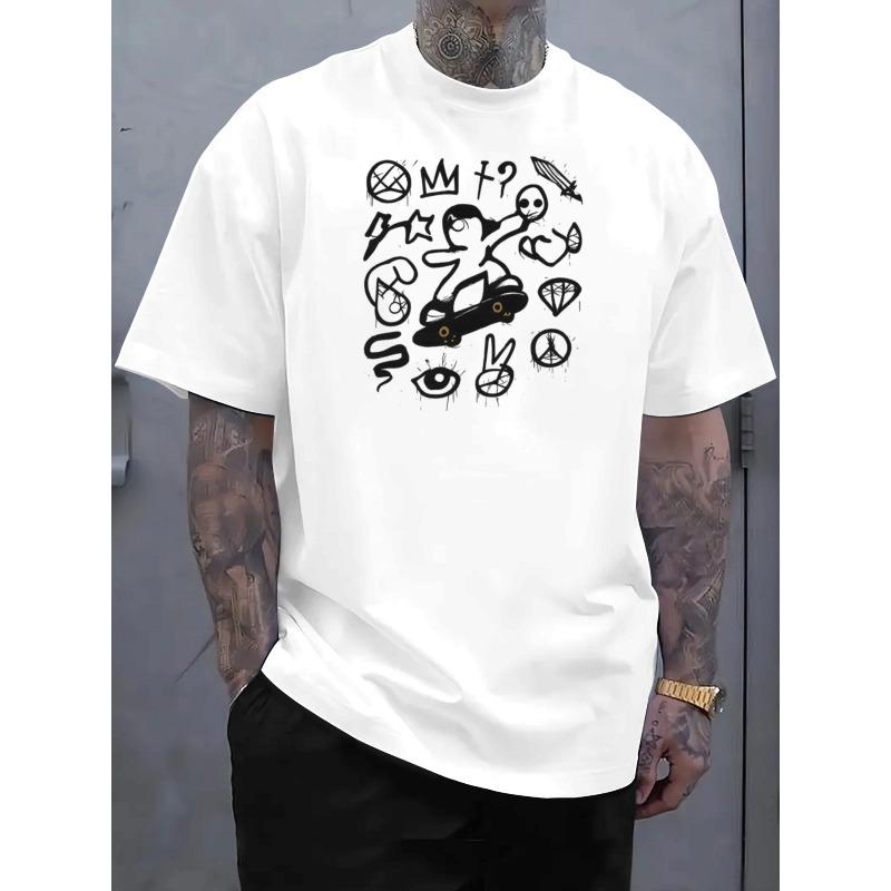 

European sizes Men S Plus Size Street Art Graffiti Short-Sleeve T-Shirt | Trendy Cartoon Print Design, Breathable Summer, Machine-Washable 4XL білий