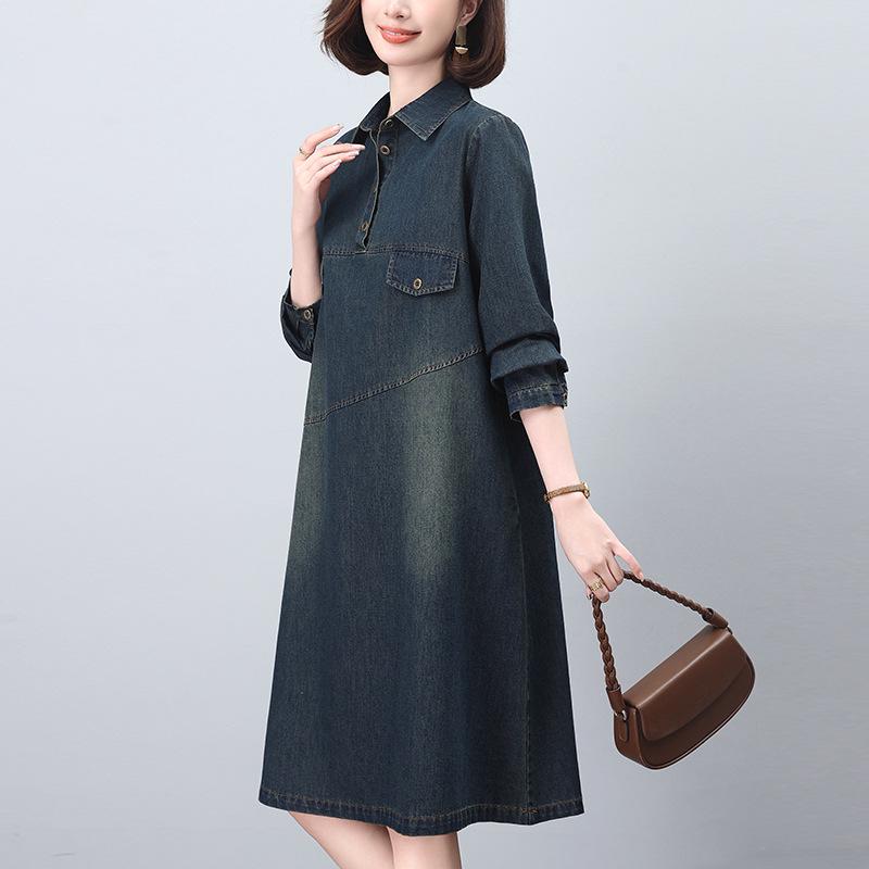 

Весна/Осень 2024 Джинсовое платье-рубашка А-силуэта средней длины с длинными рукавами Double Extra Large