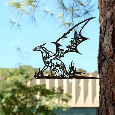 Dragon Metal Art Garden Statues & Tree Stakes - Steel Animal Silhouettes, Lawn Ornaments for Festivals and Yard Decor