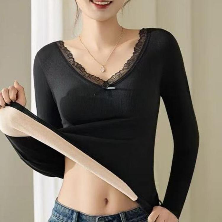 Winter Thermo Oberteil Langarm V-Ausschnitt Damen Slim Fit Shirt Spitzenbesatz Einfarbig Gepolsterte Innenschicht