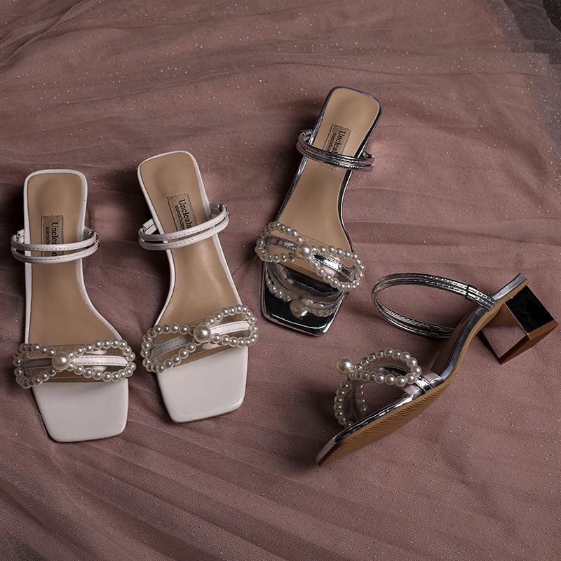 Wedding Sandals High Heels White Pearl Rhinestone Bow Genuine Leather Sweety Princess Style Lower Square Heels Sandals Size33-41