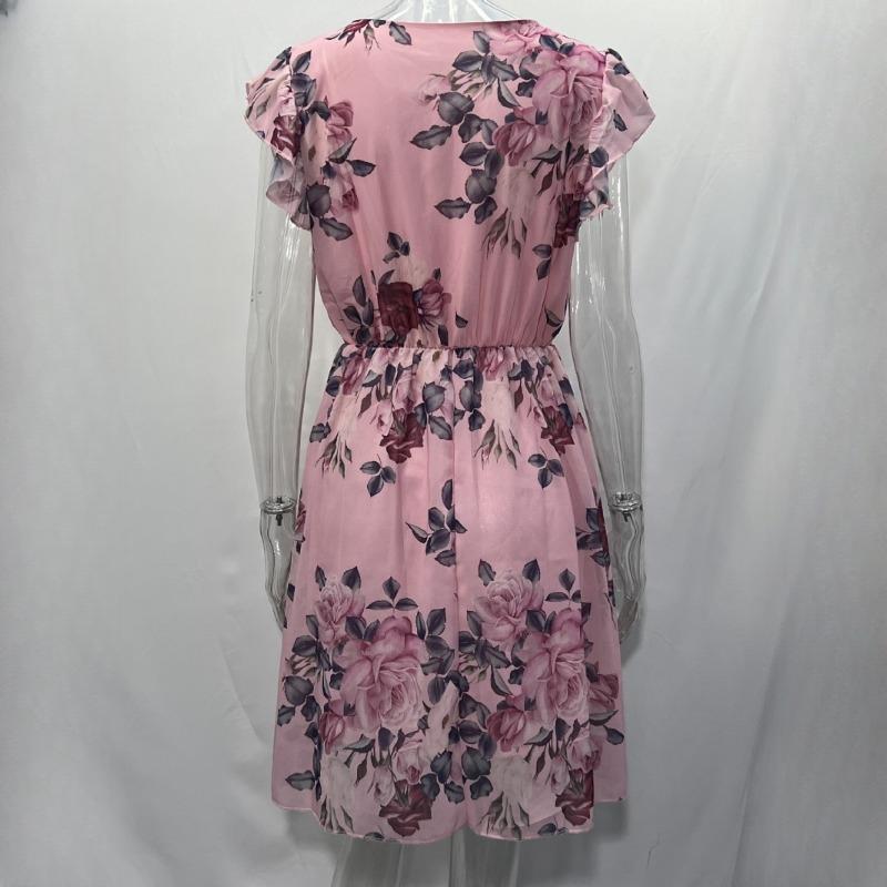 IHUASU Summer Holiday Style Ruffle Short Sleeve Chiffon Printed Rose Dress