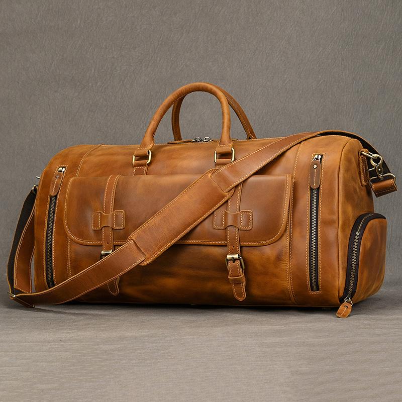 Vintage Fashion Handbags For Men Genuine Leather Travel Duffles Travelling Shoulder Bag Cowskin Hand Luggage Bags Large Duffle