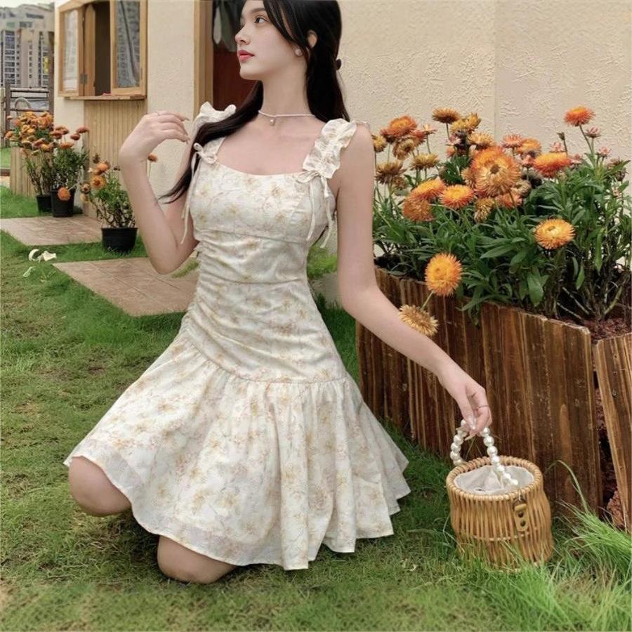 French Temperament Suspender Skirt Summer New Floral Dress Women's Waist Small Looking Thin Suspender Skirt Short Skirt
