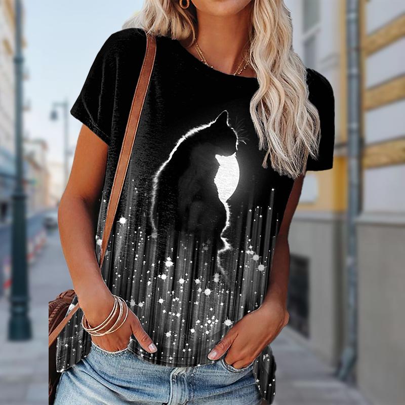 

Женская летняя футболка тренд принт черного кота ретро мода футболки с коротким рукавом повседневные с принтом топы 8XL серый