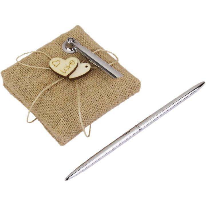 EBTOYS Vintage Burlap Wedding Reception Guest Pen with Stand Wooden Hearts Embellished Wedding Reception Party Table Decor