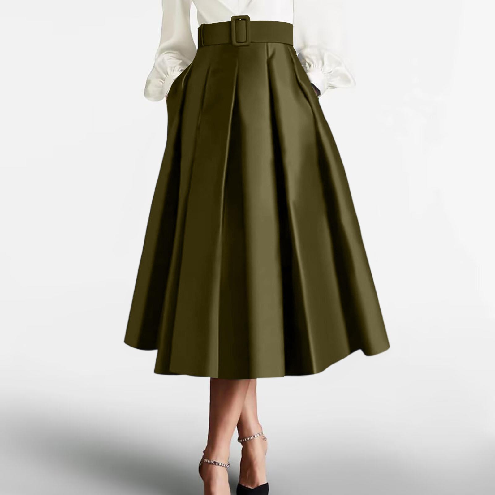 Женская цветная сатиновая плиссированная юбка-полусолнце с высокой талией и завязками XL зелёный