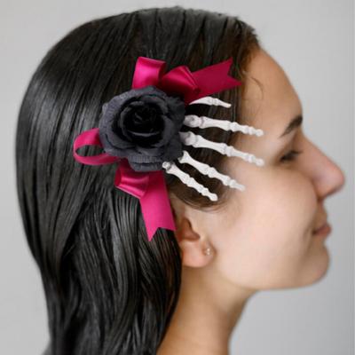Halloween Hair Pin Skeleton Hand Frame Artificial Rose Flower Bow Decoration Hair Clip Dark Horror Style Hairpin