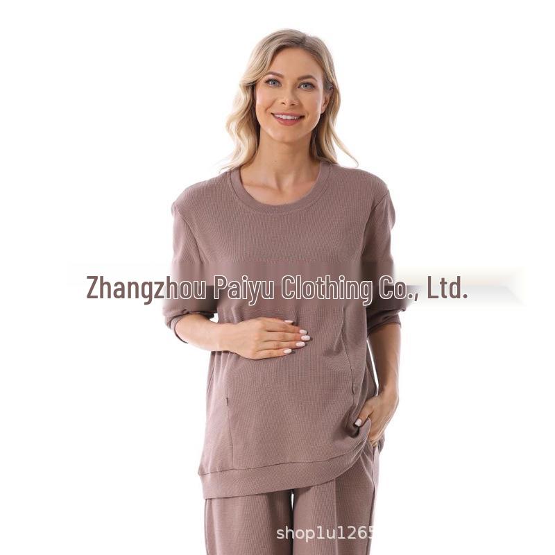 Maternity Fashion Spring/Autumn Two-Piece: Breastfeeding-Friendly Sweatshirt & Wide-Leg Pants Set for 2025