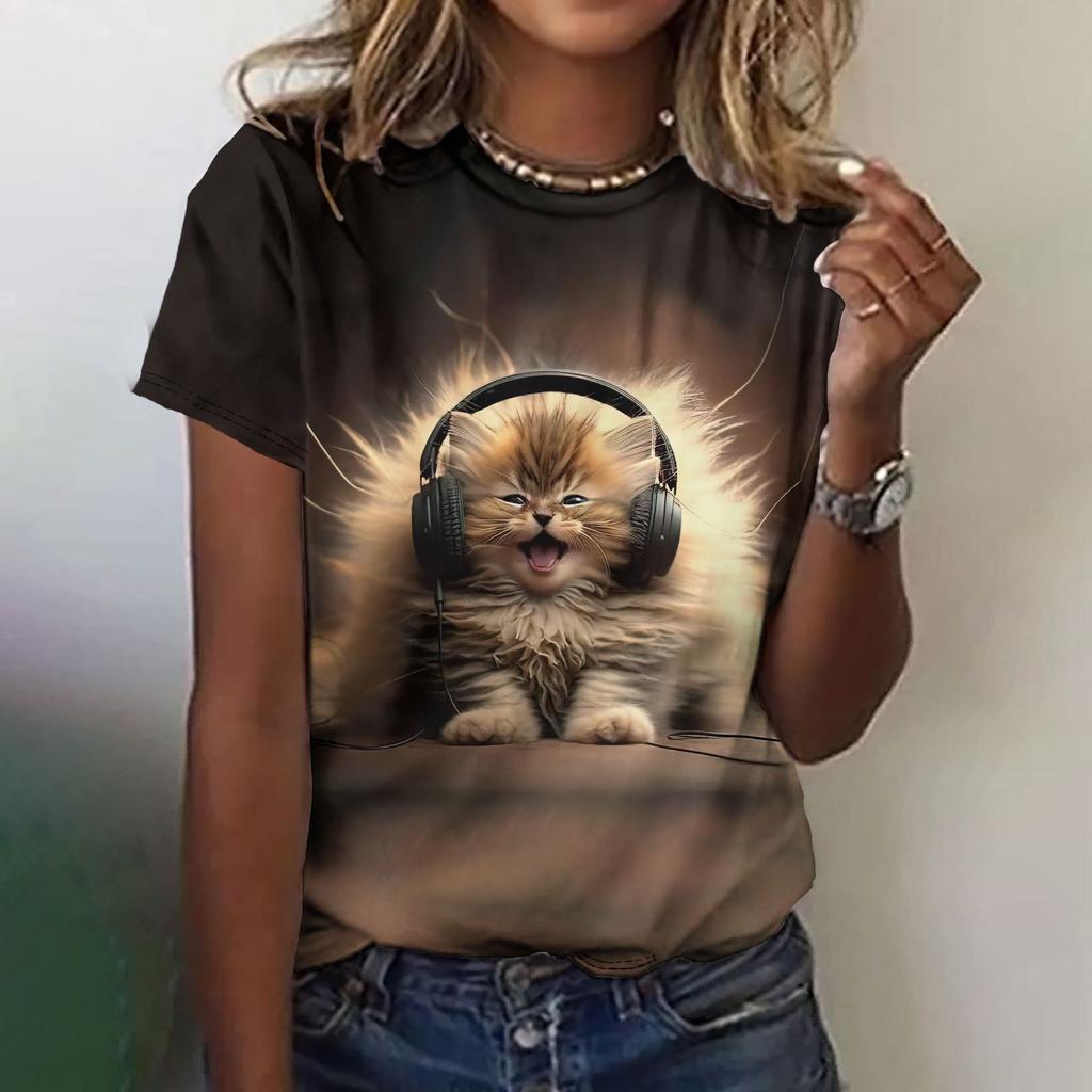 Fun animal pattern women's T-shirt cat print casual short sleeved top