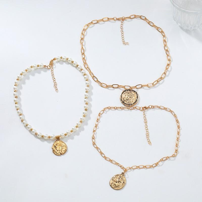Layered Gold-Tone Alloy Necklace Set With Multi-Row Imitation Pearl Coin Pendants Women Geometric Chic Statement Jewelry