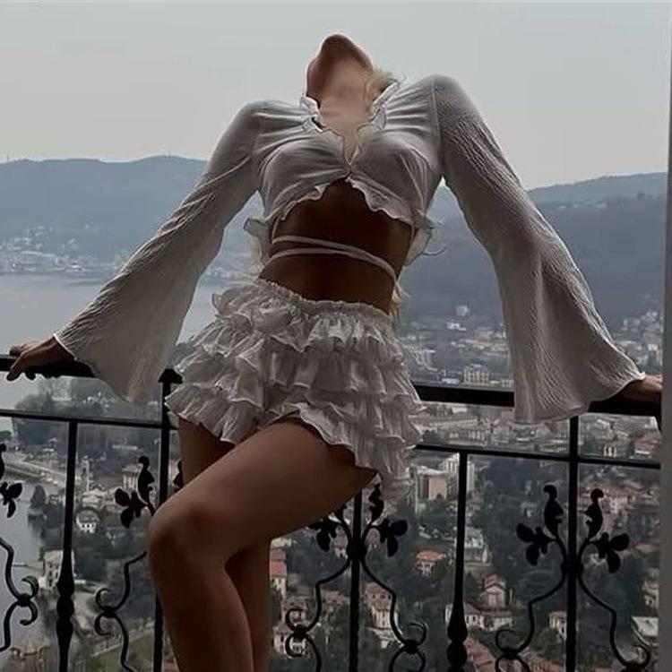 Women's Ruffle Trim Flare Sleeve Crop Top Lace Up High Waist Layered Mini Skirt Two Piece Outfit Set