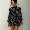 Women's 3D Halloween Motif Print Mock Neck Long Sleeve Dress, Raglan Sleeve Fake Two Piece Mini Dress