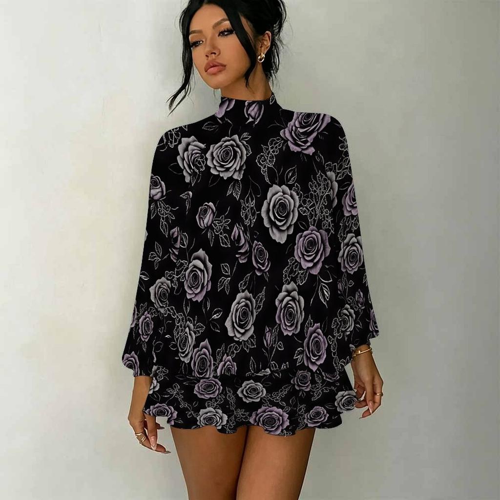 Women's 3D Halloween Motif Print Mock Neck Long Sleeve Dress, Raglan Sleeve Fake Two Piece Mini Dress