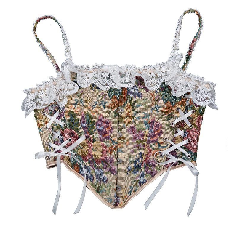 Vintage French Women Bustier Corset Sexy Lace-Up Floral Print Push up Corset Top Party Clubwear Bodice Y2k Corselet Feminino