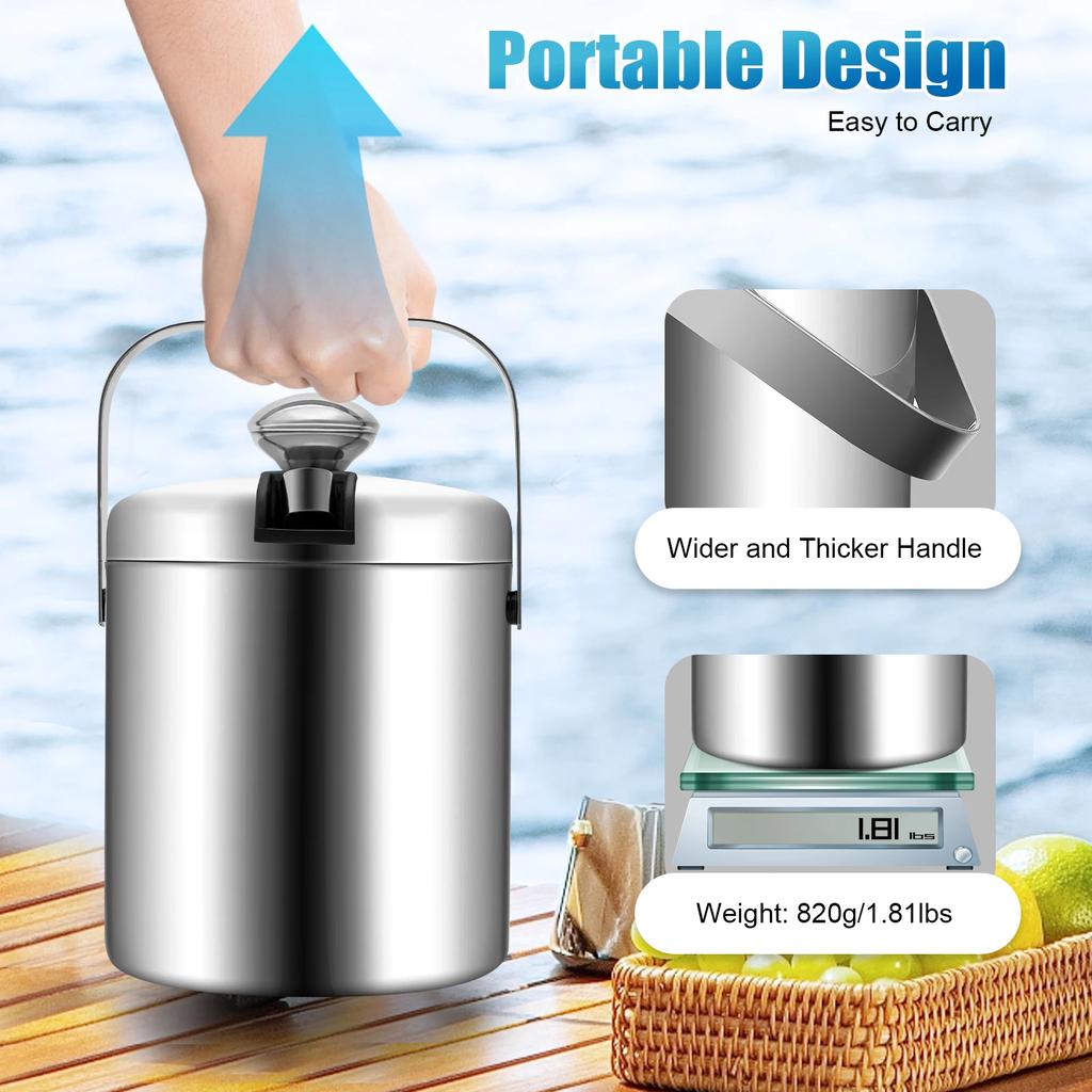 1.3L Stainless Steel Ice Bucket with Double Wall Portable Insulation with Lid, Carry Handle, Ice Scoop and Strainer, Silver
