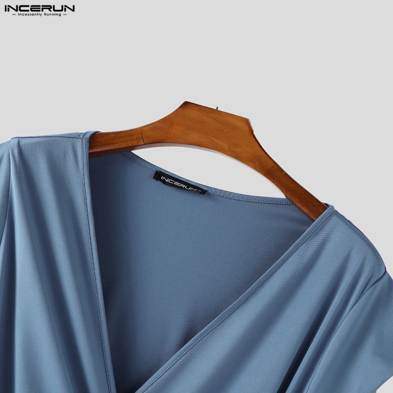 INCERUN 2 SZTUKI Męskie Koszulki z Dekoltem V i Długim Rękawem Falbankowe Skręcone Zestawy Ubrań Domowych Spodnie