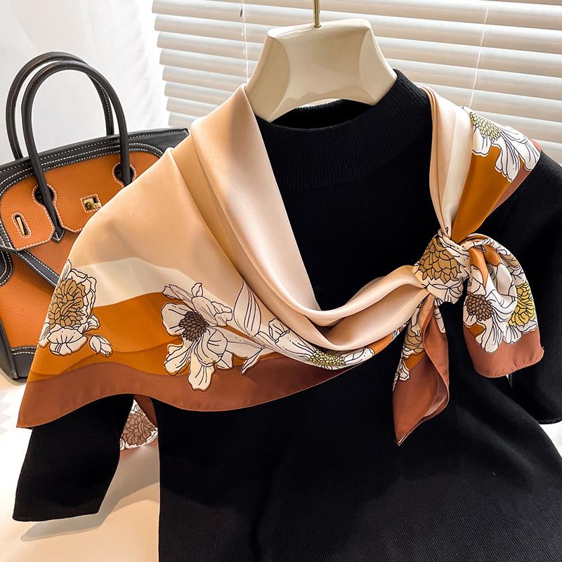 Headscarf Printed Twill Silk Large Square Scarf Small Fragrant Silk Scarf Women'S Anti-Sun Scarf Decorative Scarf Shawl 90Cm