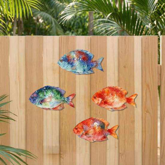 4 Pièces Décoration Murale Poisson en Bois, Art Aquarelle Animal Marin avec 4 Styles Vibrants, Ornement Maison Effet Peint à la Main pour Murs