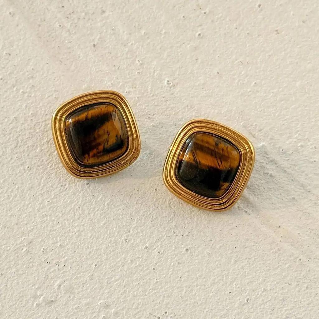 New Fashion Retro Natural Stone Stainless Steel Stud Earrings for Women Waterproof Gold Color Geometric Square Piercing Earrings