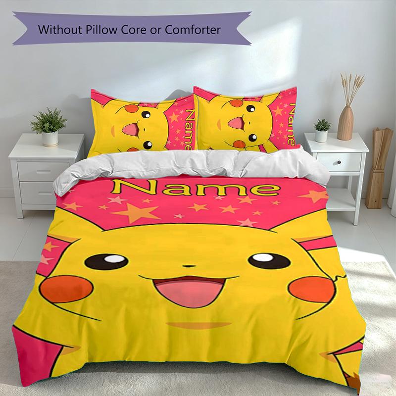 3pcs Custom Name Pokémon Pikachu Bedding Set,Includes 1 Duvet Cover and 2 Pillowcases,All-season Bedroom Decor