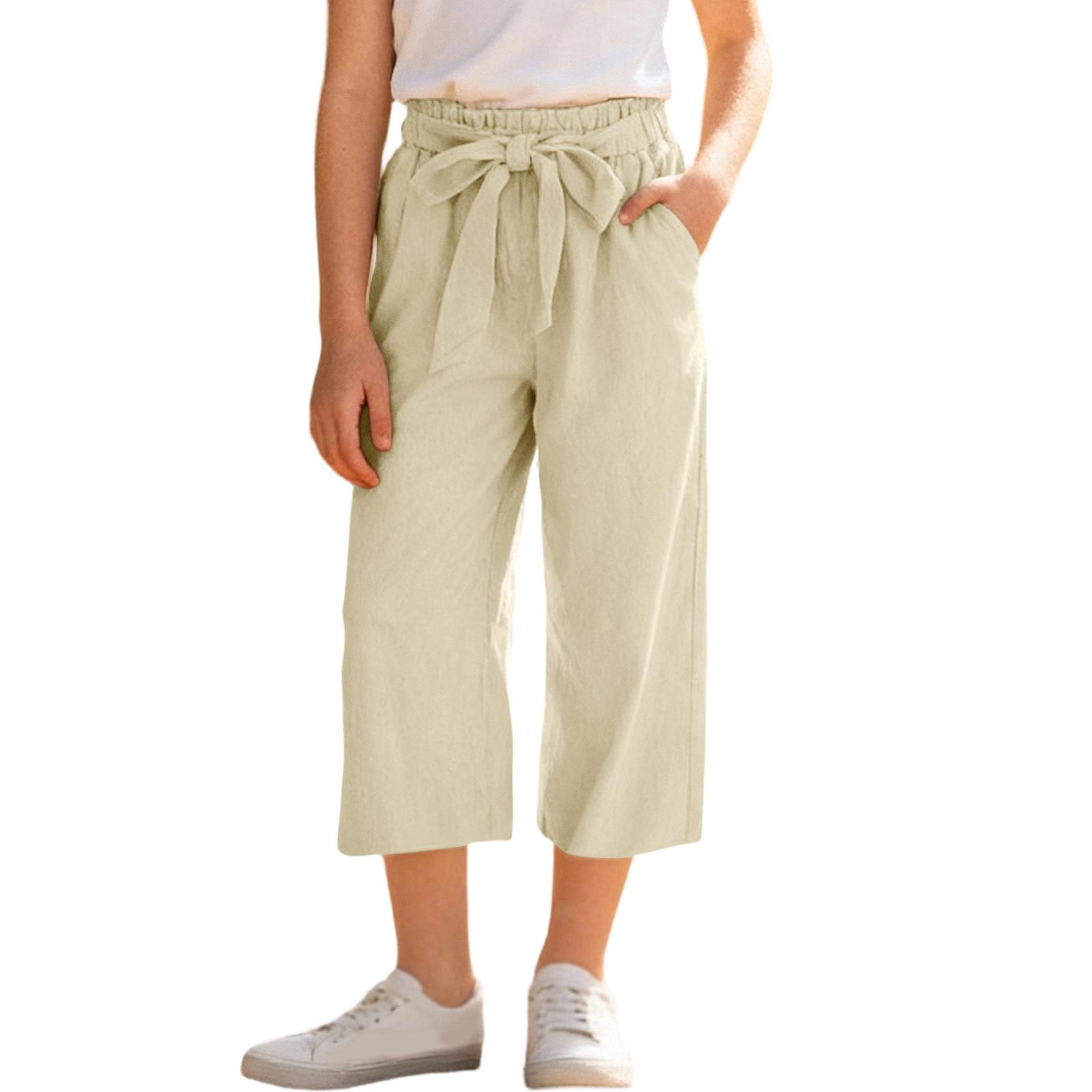 

Girls -Color Cotton-Linen Wide-Leg Loose-Fit Cropped Pants With Elastic Waistband 100 бежевый