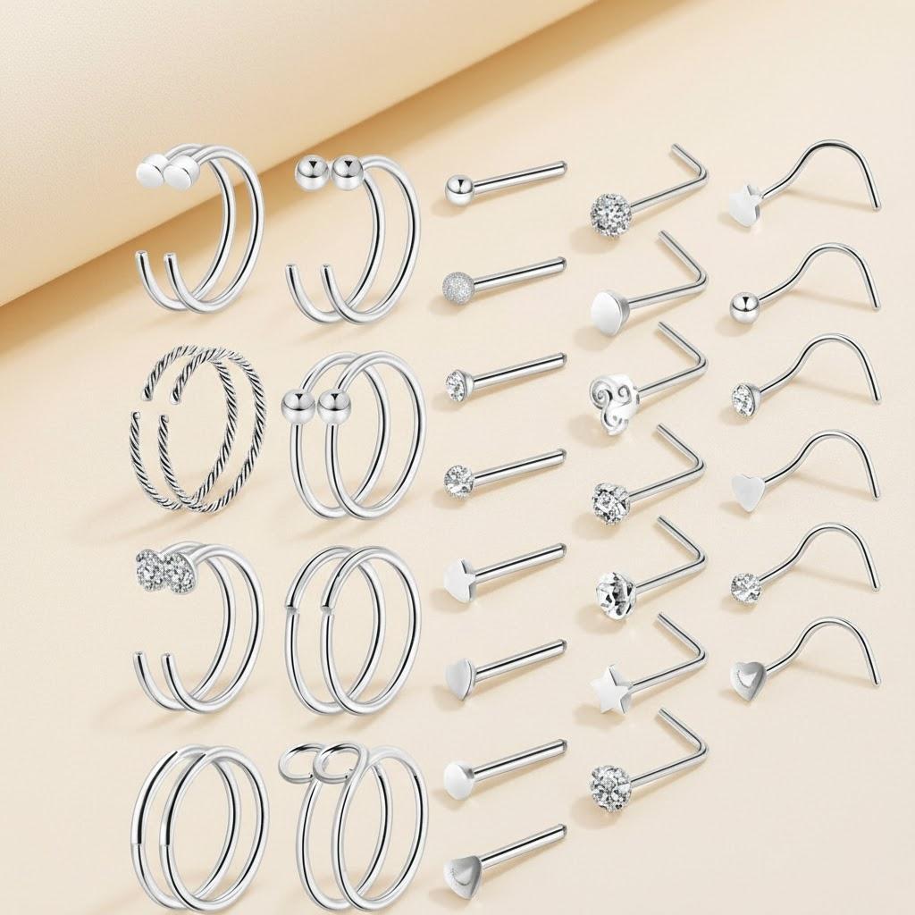 40Pcs Set 316L Stainless Steel Nose Rings Clip on Nose Rings Nose Studs Fake Nose Rings Faux Nose Hoop Rings Body Jewelry