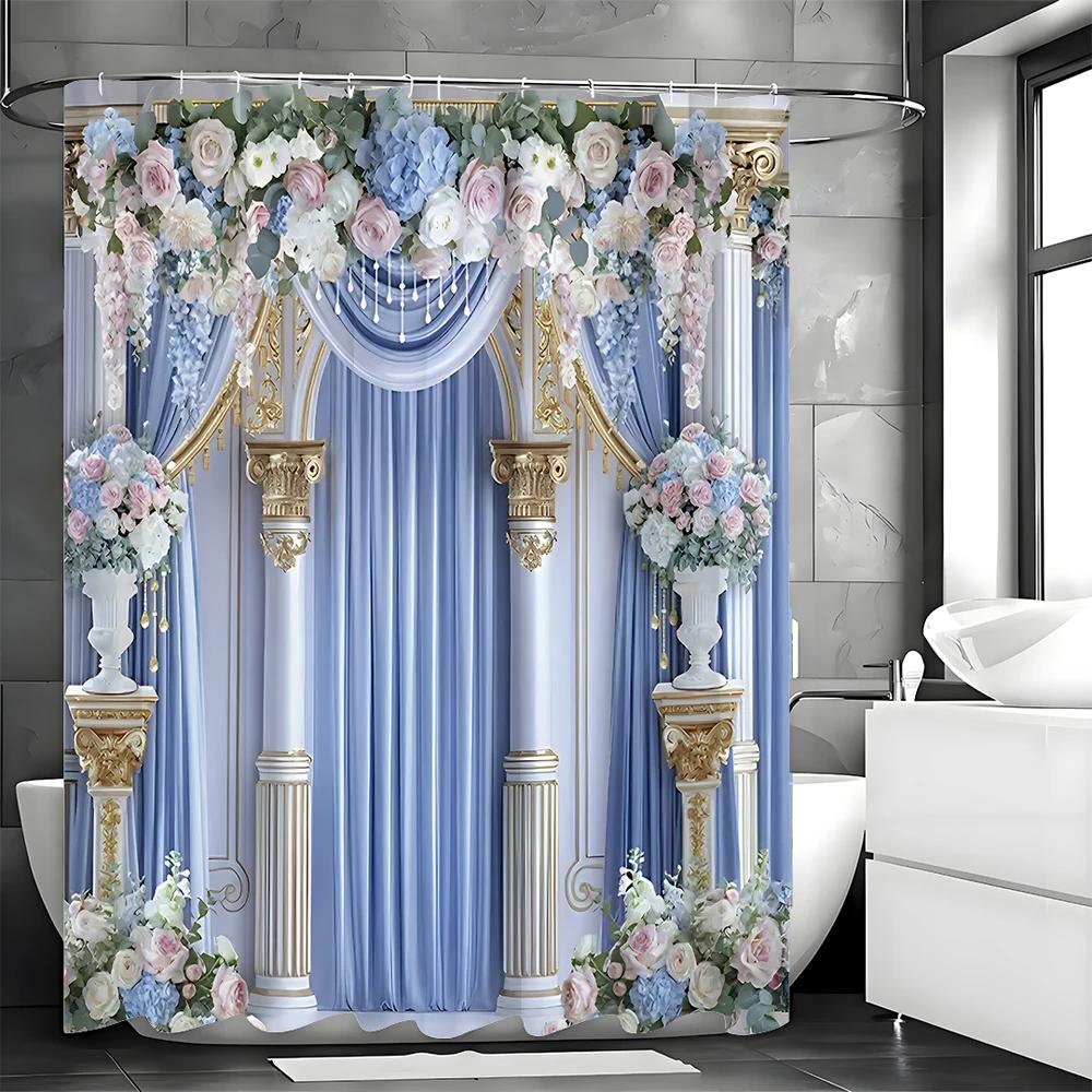 

Gorgeous Blue Palace Shower Curtain, Bathroom Decorative Shower Curtain, Waterproof Shower Curtain With Hooks W60H190(CM)-1 Pcs
