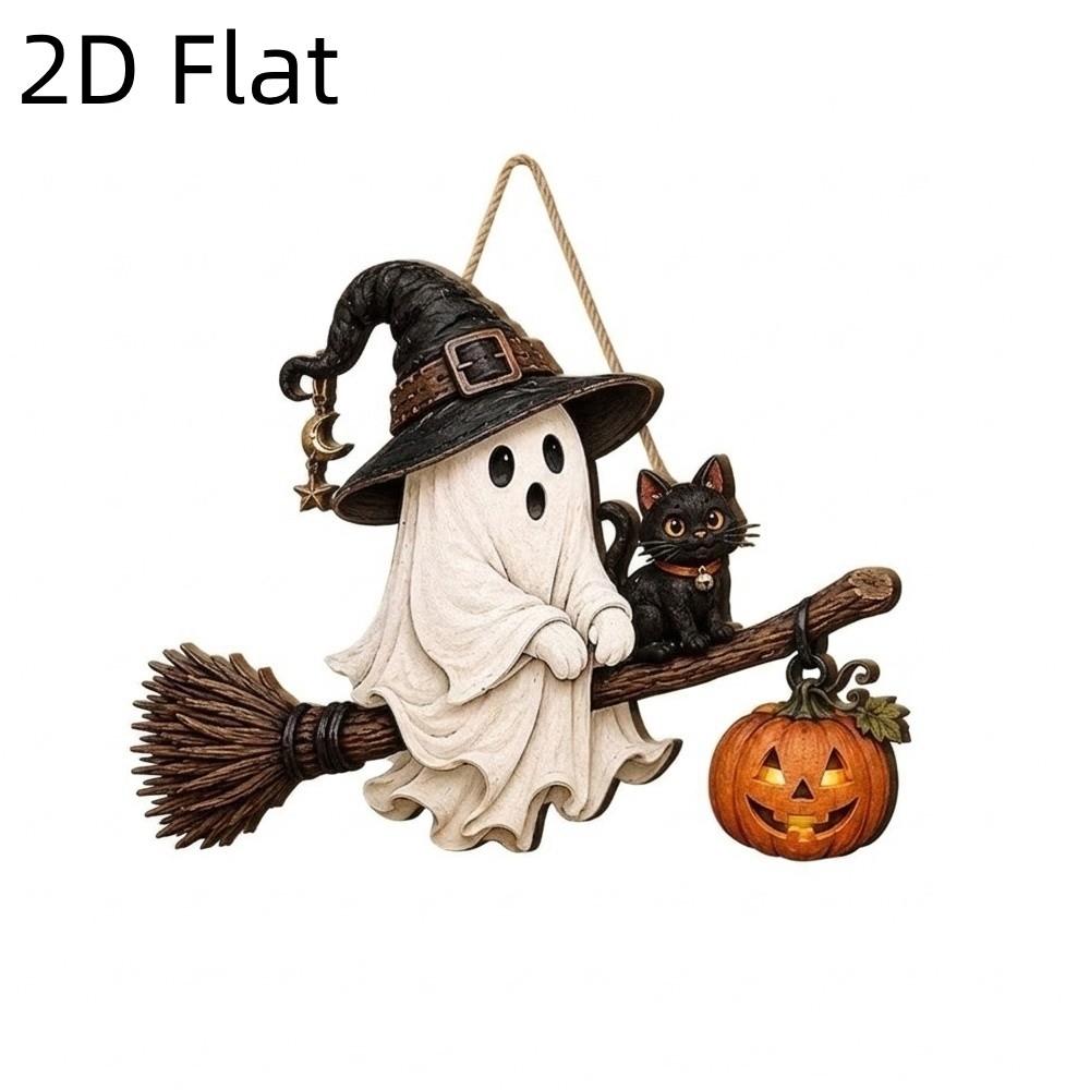 2D Flat Halloween Wooden Ghost Door Hanger Gothic Broom Ghost Hanging Wall Plaque Front Door