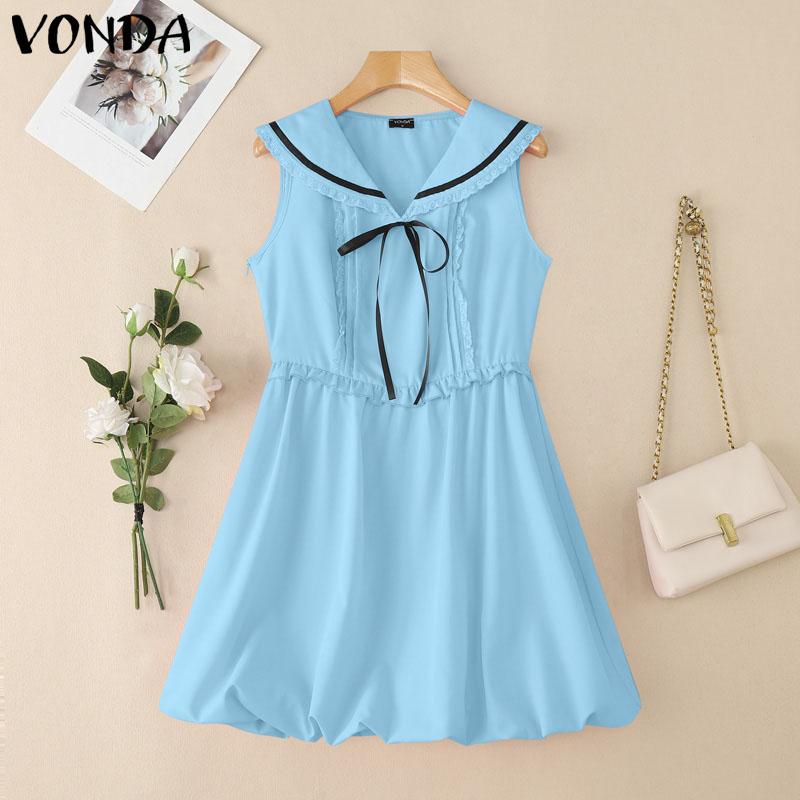 VONDA Women Naval Collar Sleeveless Crochet Hem Slim Waist Pleated Dress