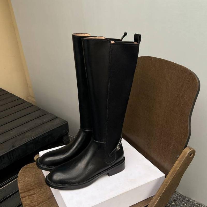 

Осенне-зимние кожаные рыцарские сапоги женские на толстой подошве, нескользящая резиновая подошва, боковая молния, однотонные, новые из коровьей кожи, на низком каблуке, высокие сапоги 40 чёрный
