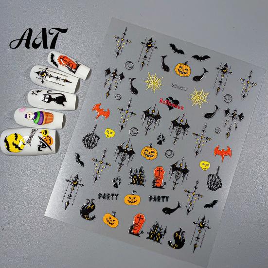 5D Embossed Nail Decals Halloween Art Stickers, Skull Pumpkin Ghost Stickers Decals, Waterproof Self Adhesive Manicure Decoration Holiday Theme