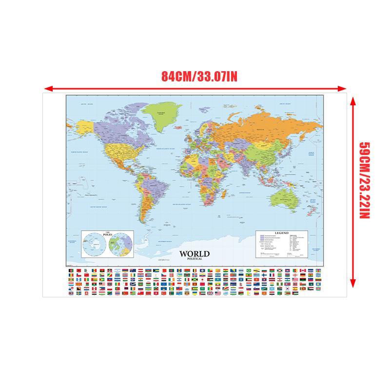 Large Political World Map Poster with Country Flags Educational Wall Art Chart for School Classroom Office Home Decor