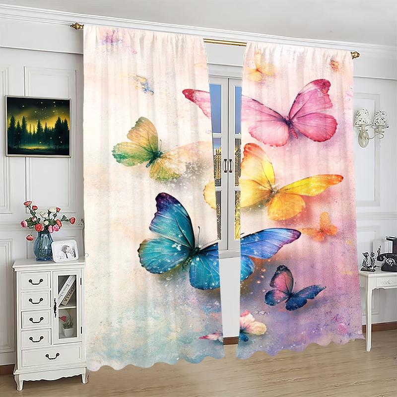 2Pcs- Colorful Butterfly - Printed Curtain -100% Polyester Material, Suitable for Bedroom Curtains and Living Room Decoration.