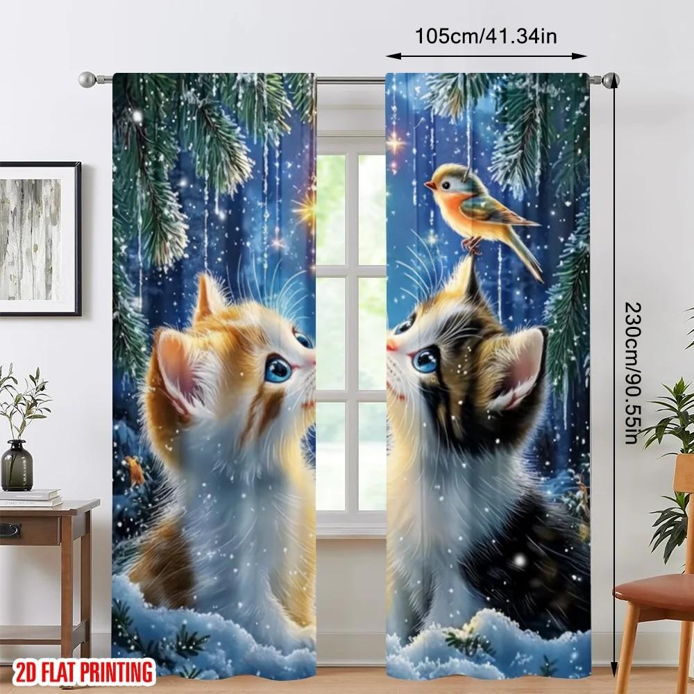 2 Pezzi Tende con Fantasia Gatti Carini   Tende Oscuranti per Finestre   Poliestere   Decorazione Finestra di Natale   Decorazione per la Casa   Tenda con Tasca per Bastone