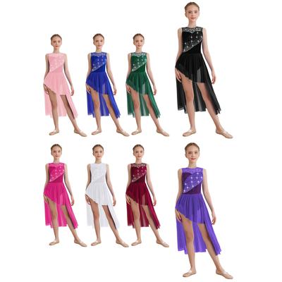 Girls Sparkly Rhinestones Dress Lace Patchwork Ruched Mesh Overlay Asymmetrical Hem Lyrical Dance Costume