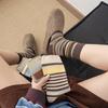 Korean Retro Mori Color Block Striped Mid-Calf Socks - Women's Breathable Autumn/Winter Birkenstock Double-Needle Scrunch.