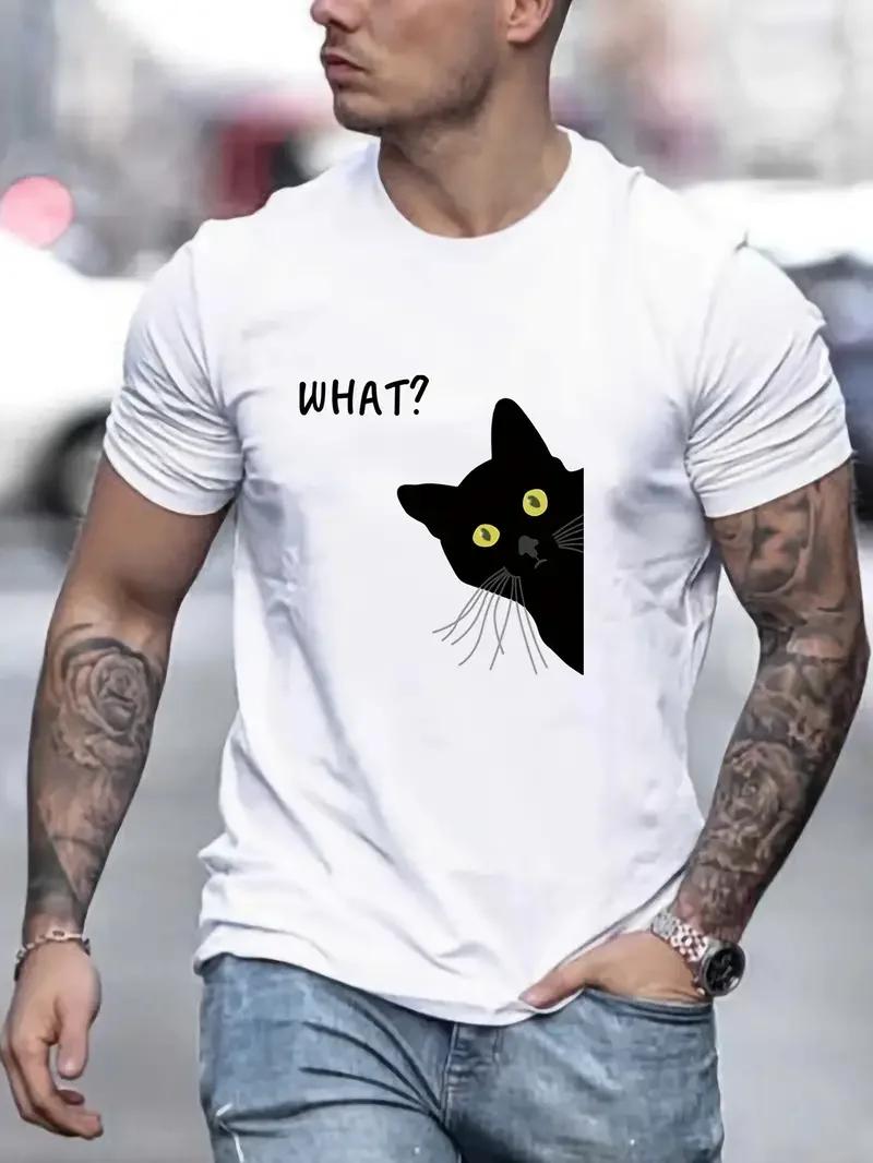 

Футболки с принтом черного кота для унисекс, повседневная футболка с коротким рукавом и круглым вырезом, удобная дышащая футболка на все сезоны M