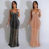Women's Fashion Long Dress: Solid Color Mesh with Hot Drilling and Strappy Design