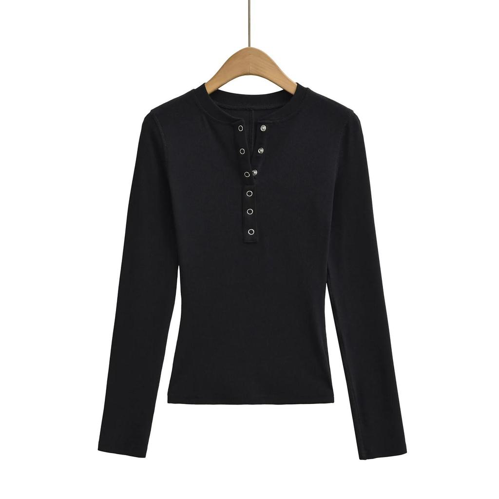 Women's White Slim Fit Henley Collar Long Sleeve T-Shirt – Perfect Waist-Cinching Base Layer for Autumn and Winter.