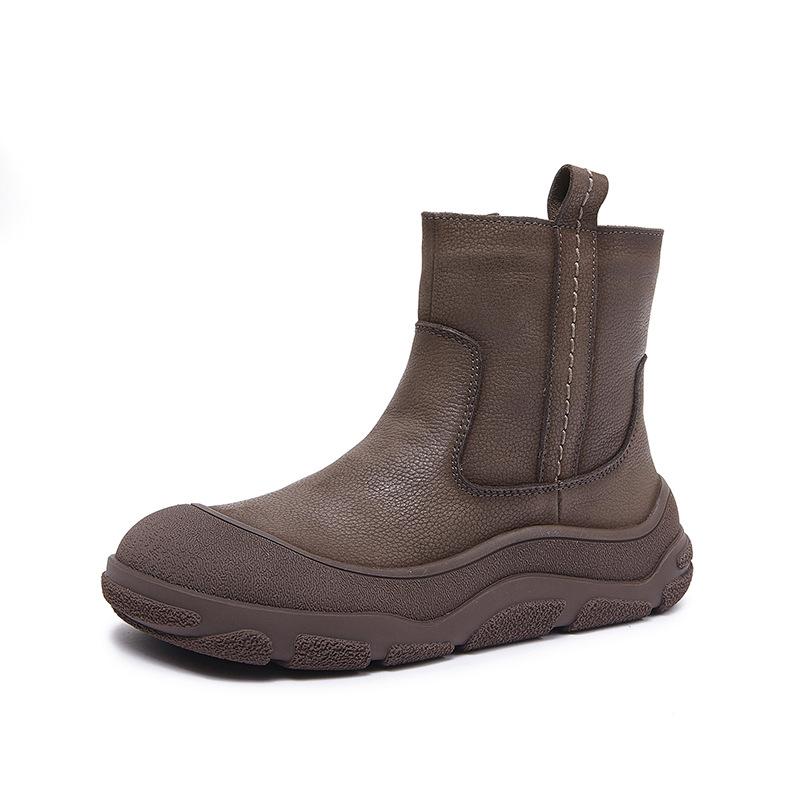 

Johnature Thick Soled Round Toe Warm Plush Boots Genuine Leather Retro Women s Cotton Shoes 39 серый