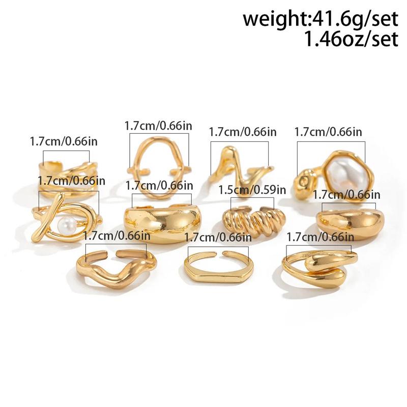 Fashion Gold Color Pearl Geometric Open Rings Set for Women Exaggerated Metal Irregular Adjustable Ring Waterproof Jewelry Gifts