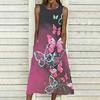 Robe Sans Manches Col Rond Grande Taille pour Femme Vert Frais Feuille Florale Coupe Ample Mi-Mollet