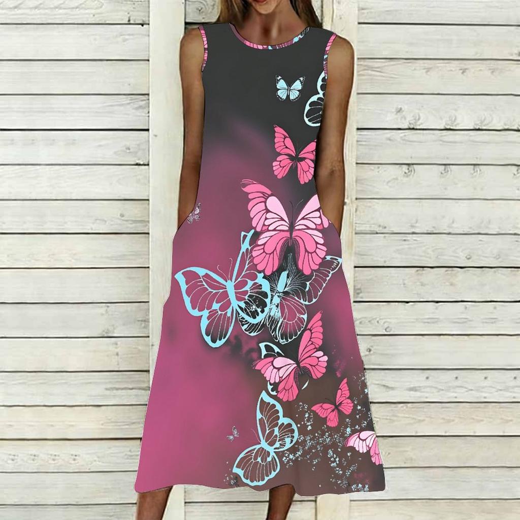 Robe Sans Manches Col Rond Grande Taille pour Femme Vert Frais Feuille Florale Coupe Ample Mi-Mollet