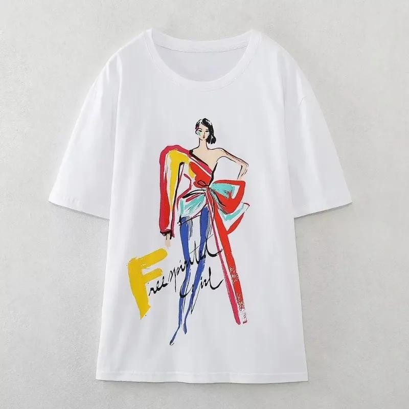 2024 Summer Womens Large Printed Round Neck Comfortable Breathable Tshirt Womens Casual Harajuku Retro Tshirt Tops