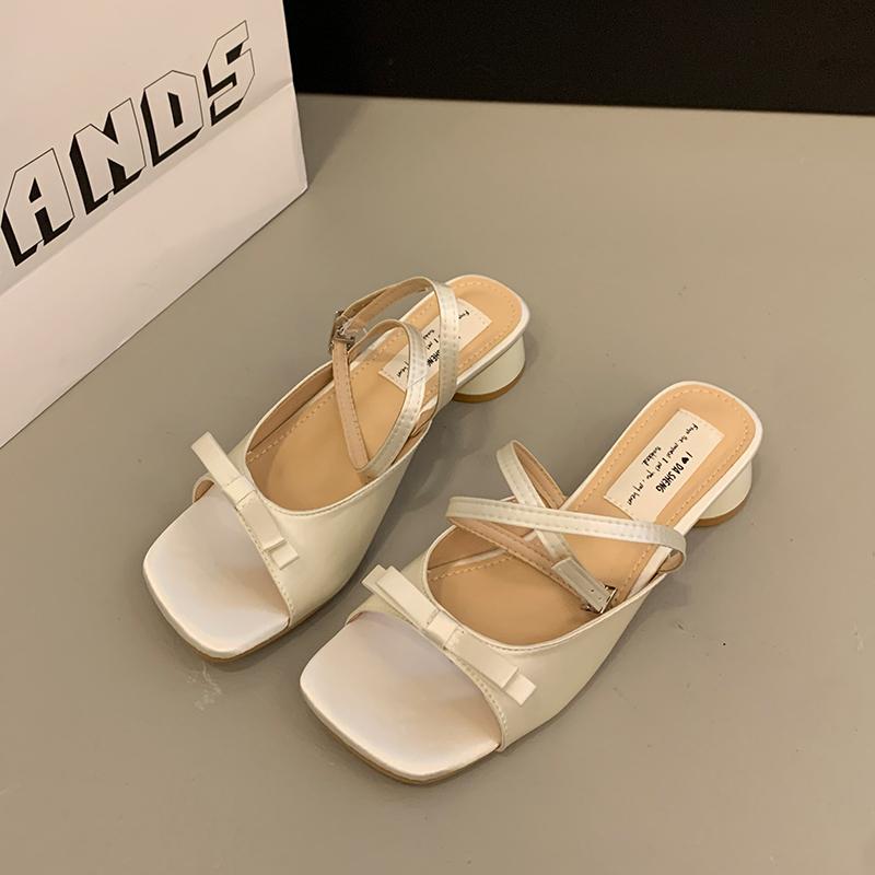 Women Slippers Summer Fashion Butterfly-knot Satin Women Slipper Slip On Ladies Sandal Thin High Heel Outdoor Dress Slides Shoes